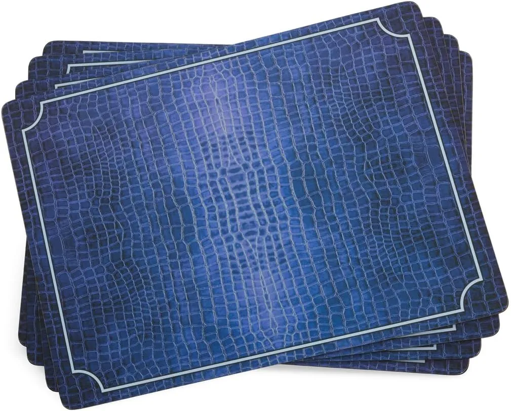 Pimpernel Blue Croc Leather Placemats - Set of 4 Durable Cork-Backed Dining Mats with Crocodile Texture Pattern - Heat Resistant & Stain Resistant Table Protectors for Meals, Entertaining, & Decor