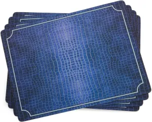 Pimpernel Blue Croc Leather Placemats - Set of 4 Durable Cork-Backed Dining Mats with Crocodile Texture Pattern - Heat Resistant & Stain Resistant Table Protectors for Meals, Entertaining, & Decor