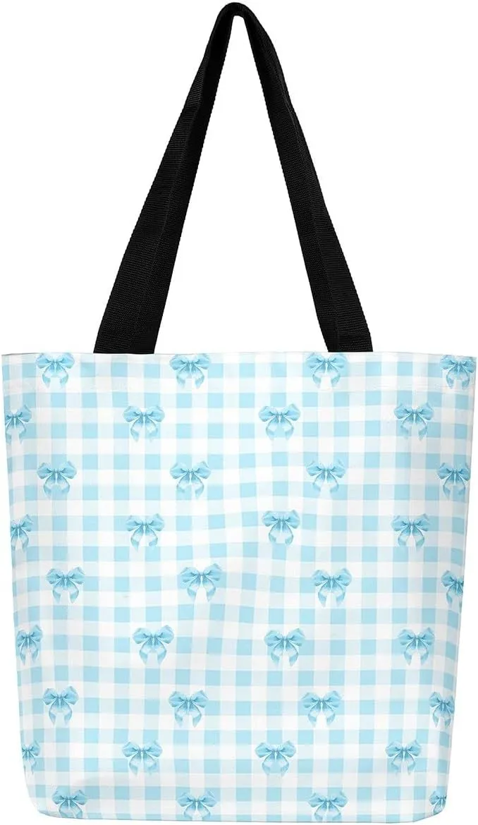 Pink Bowknot Canvas Tote Bag Kawaii Ribbon Bow Beach Bag,Sweet Girly Pink Bow Tie Shoulder Bag