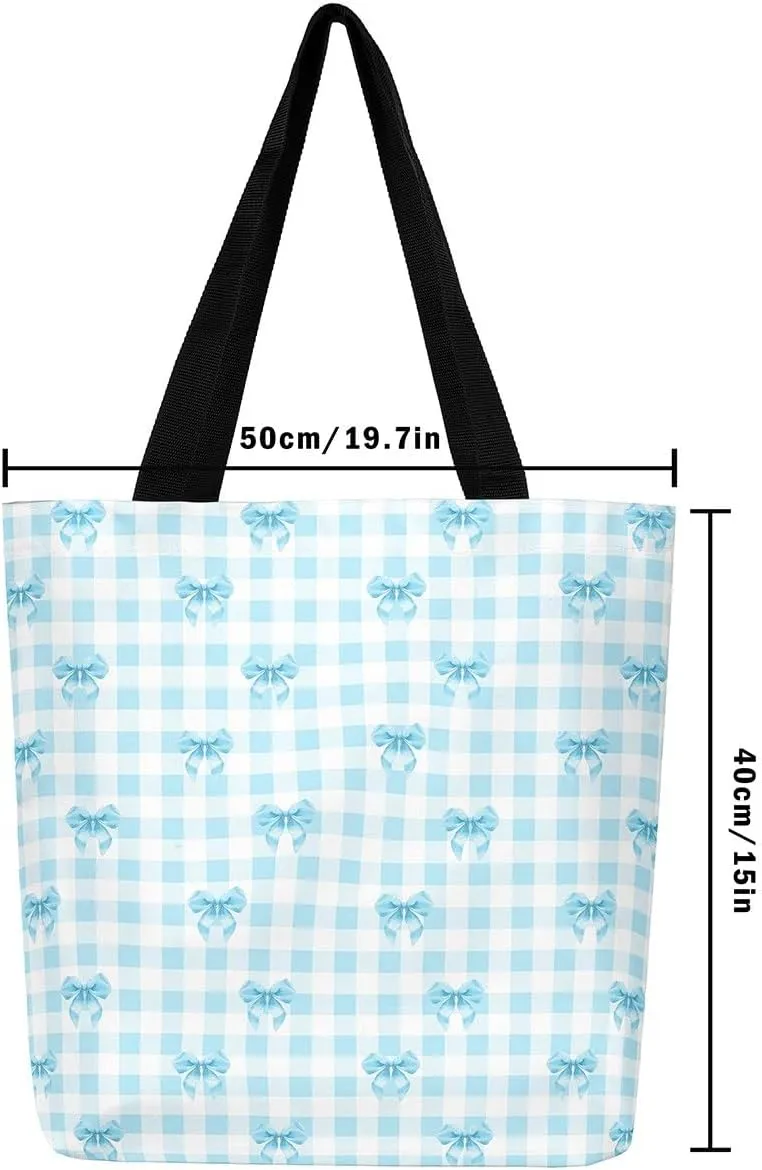 Pink Bowknot Canvas Tote Bag Kawaii Ribbon Bow Beach Bag,Sweet Girly Pink Bow Tie Shoulder Bag