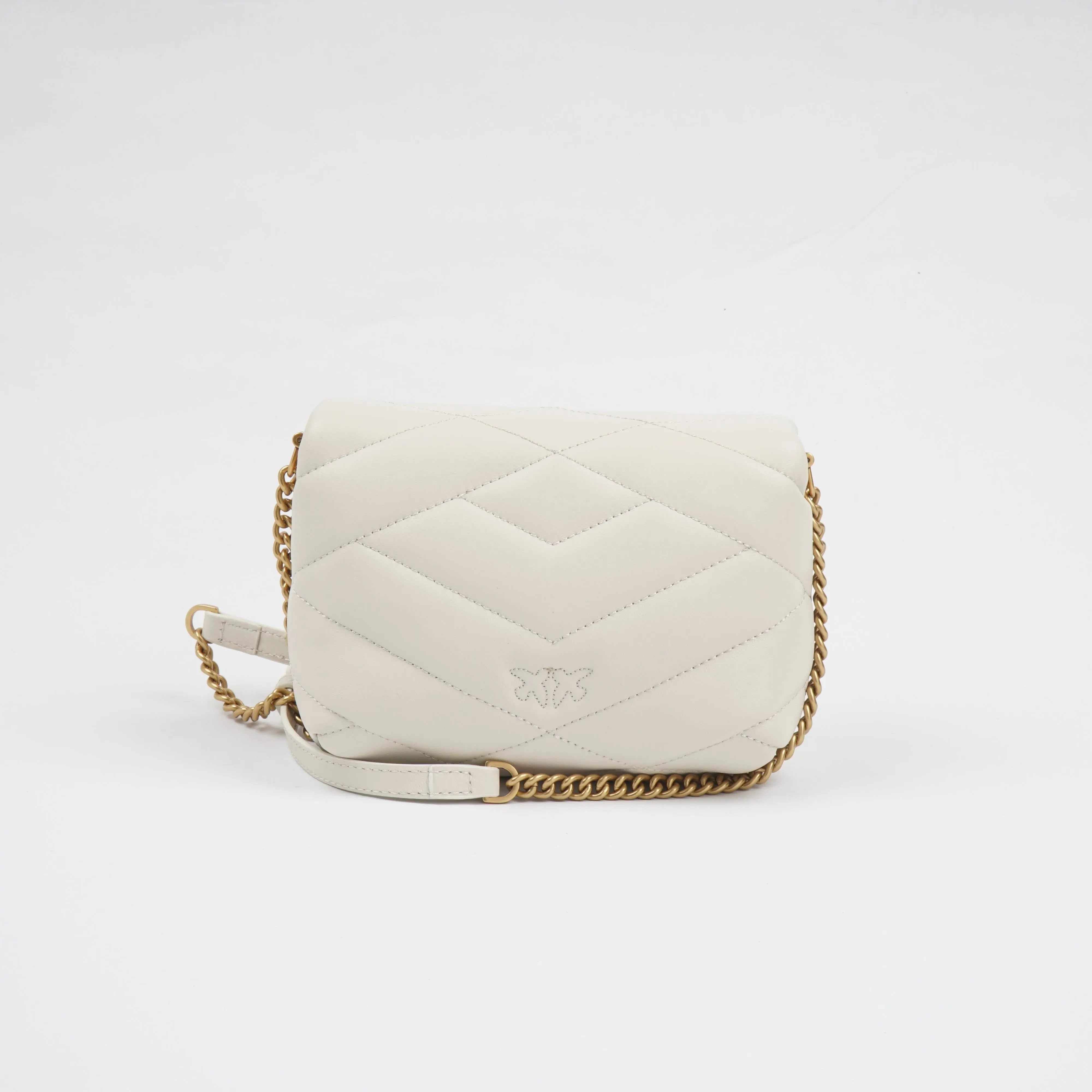 Pinko White Leather Quilted Bag with Gold-Tone Buckle and Chain Strap