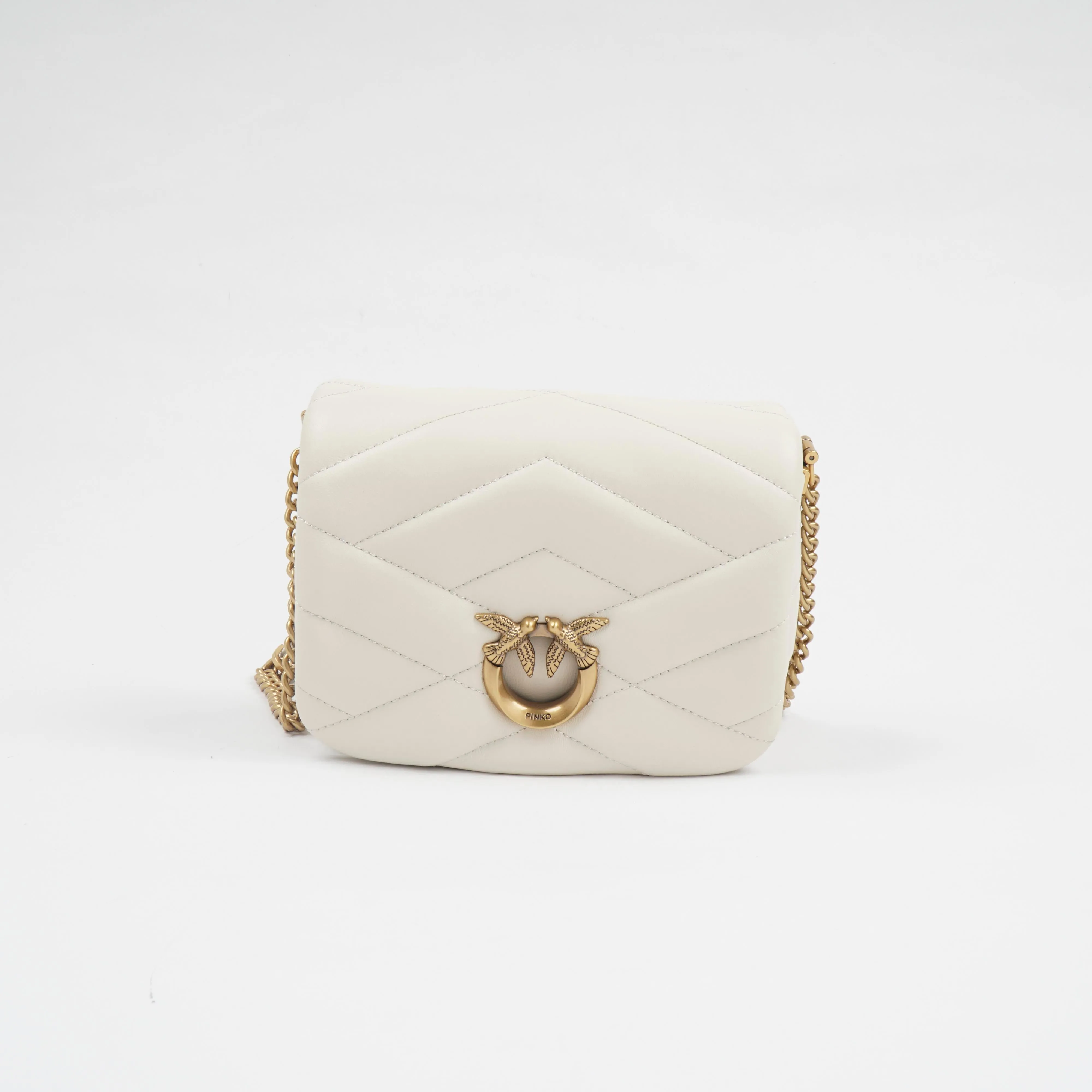 Pinko White Leather Quilted Bag with Gold-Tone Buckle and Chain Strap