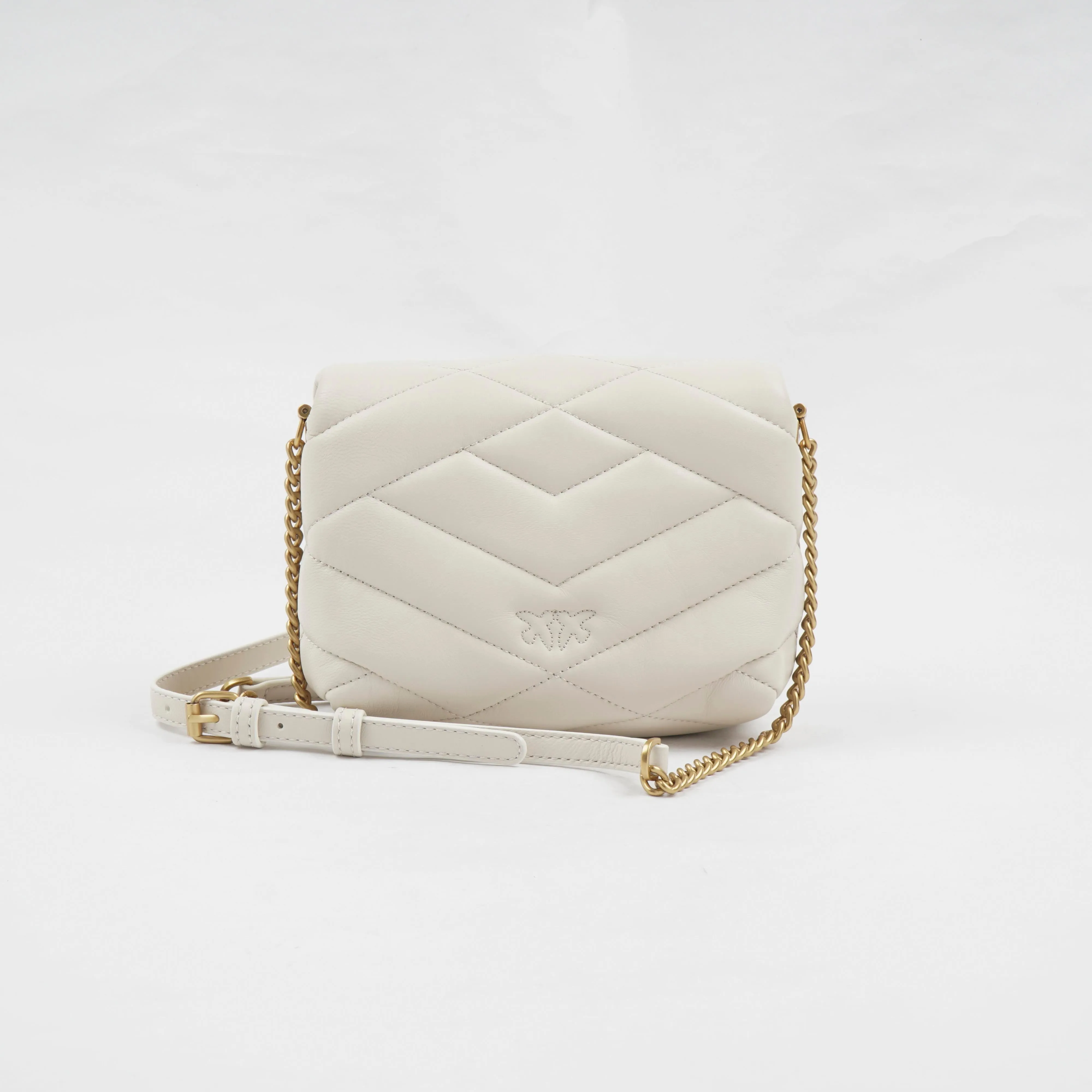 Pinko White Leather Quilted Bag with Gold-Tone Buckle and Chain Strap