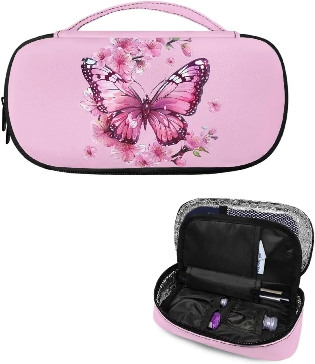 Portable Insulin Storage Bag Pink Cherry Blossom Butterfly Print Travel Bag for Insulin Pens Portable Insulin Pen Case Travel Diabetic Bags
