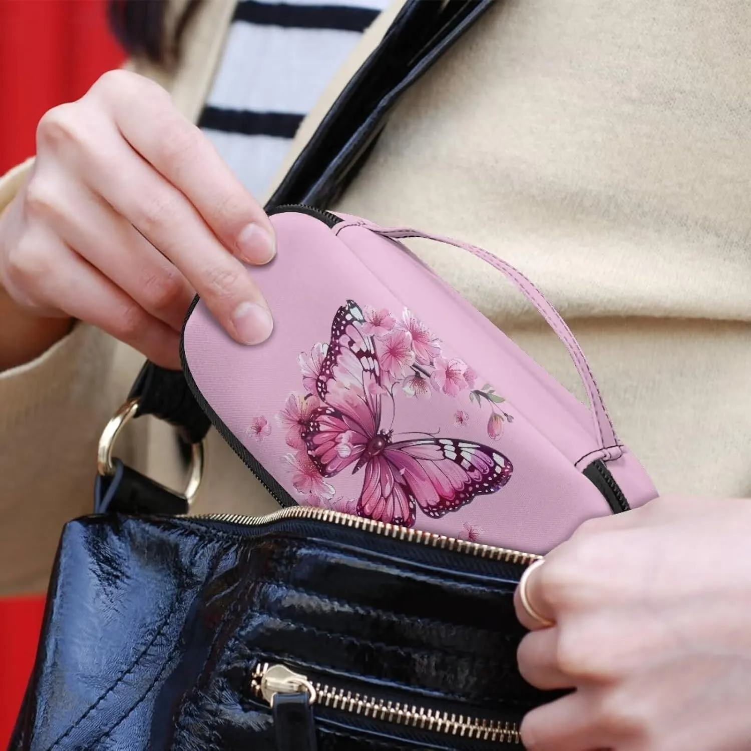 Portable Insulin Storage Bag Pink Cherry Blossom Butterfly Print Travel Bag for Insulin Pens Portable Insulin Pen Case Travel Diabetic Bags