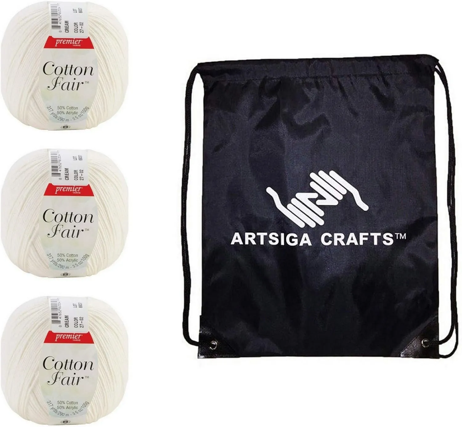 Premier Knitting Yarn Cotton Fair Solid Cream 3-Skein Factory Pack (Same Dye Lot) 27-2 Bundle with 1 Artsiga Crafts Project Bag