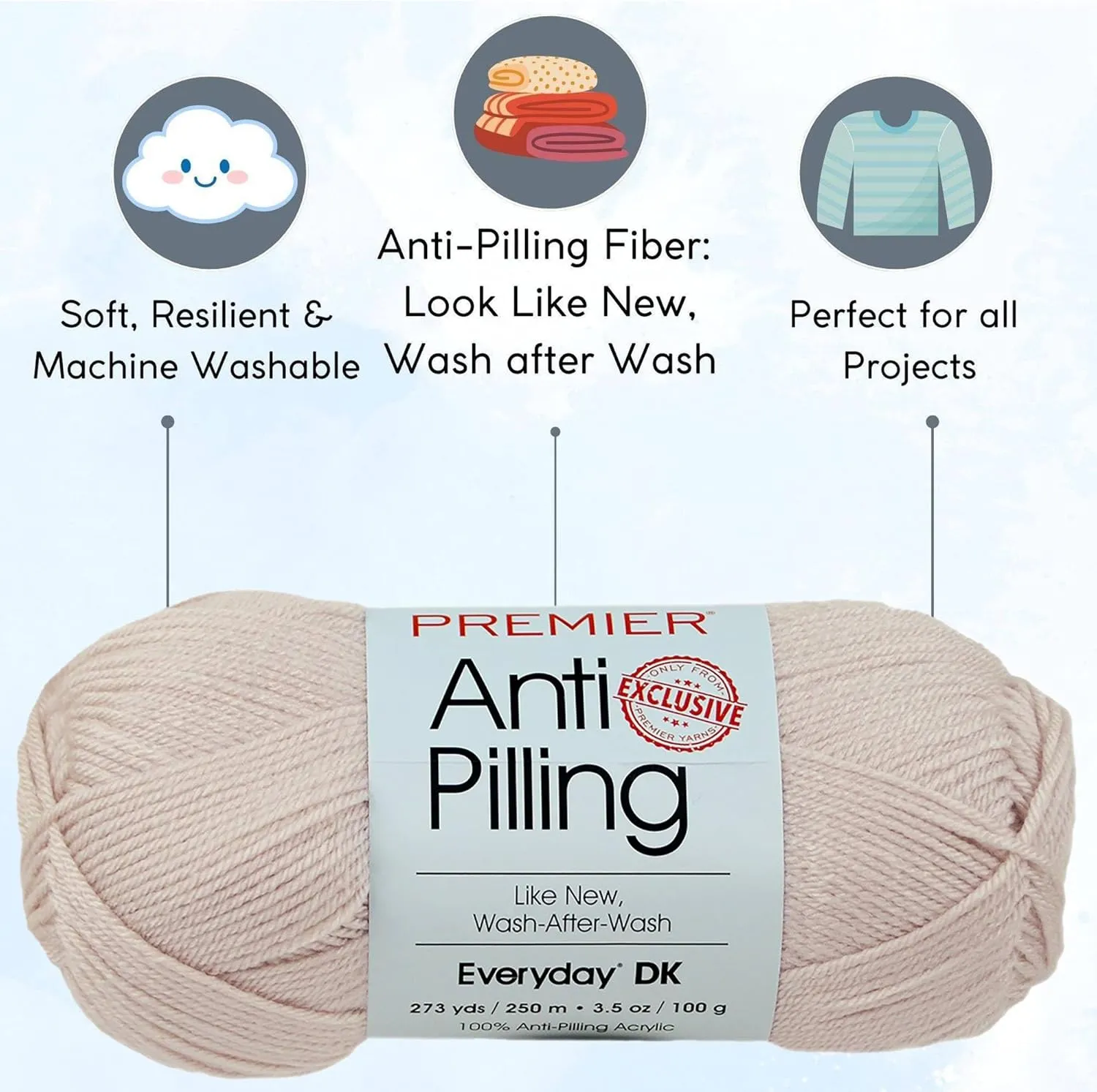 Premier Yarns Anti-Pilling Everyday DK Linen 1107-19 (3-Skeins - Same Dye Lot) DK Light Worsted #3 Anti-Pilling Acrylic Yarn for Crocheting and Knitting with Project Bag