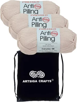 Premier Yarns Anti-Pilling Everyday DK Linen 1107-19 (3-Skeins - Same Dye Lot) DK Light Worsted #3 Anti-Pilling Acrylic Yarn for Crocheting and Knitting with Project Bag