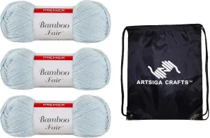 Premier Yarns Bamboo Fair Cloud 1077-04 (3-Skeins - Same Dye Lot) DK Light Worsted #3 Rayon of Bamboo Yarn for Crocheting and Knitting with Project Bag