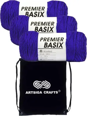 Premier Yarns Basix Royal Blue 1115-22 (3-Skeins - Same Dye Lot) Worsted Medium #4 Acrylic Yarn for Crocheting and Knitting with Project Bag