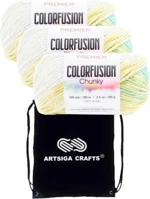 Premier Yarns Colorfusion Chunky Springtime 1174-01 (3-Skeins - Same Dye Lot) Chunky Bulky #5 Acrylic Yarn for Crocheting and Knitting with Project Bag