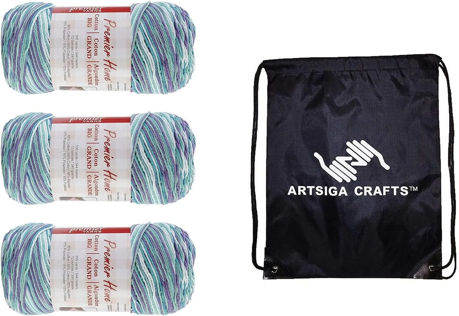 Premier Yarns Home Cotton Multi Water Lilies 44-6 (3-Skeins - Same Dye Lot) Worsted Medium #4 Cotton Yarn for Crocheting and Knitting with Project Bag