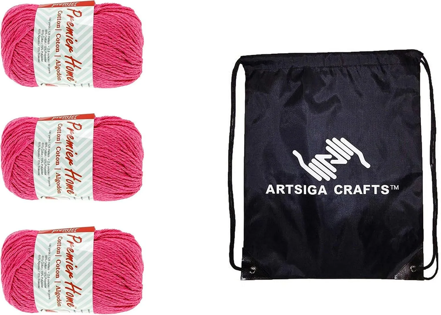 Premier Yarns Home Cotton Solid Fuchsia 38-9 (3-Skeins - Same Dye Lot) Worsted Medium #4 Cotton Yarn for Crocheting and Knitting with Project Bag