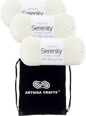 Premier Yarns Serenity Chunky Solid Pristine DN700-21 (3-Skeins - Same Dye Lot) Chunky Bulky #5 Acrylic Yarn for Crocheting and Knitting with Project Bag