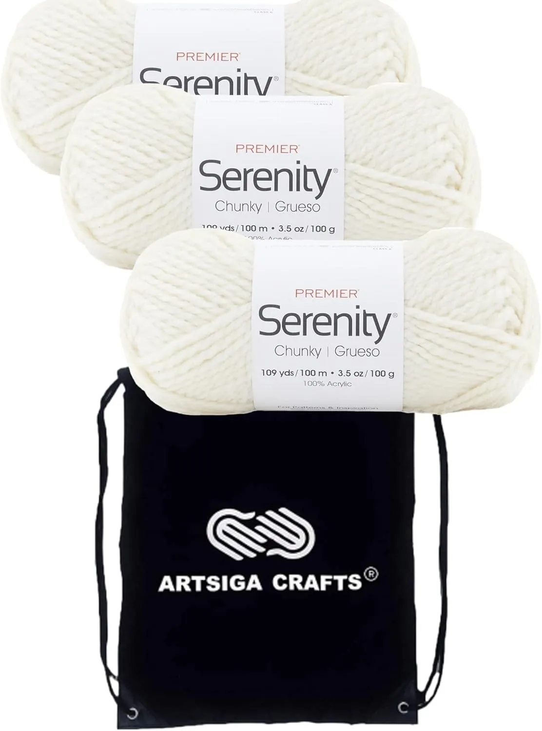 Premier Yarns Serenity Chunky Solid Pristine DN700-21 (3-Skeins - Same Dye Lot) Chunky Bulky #5 Acrylic Yarn for Crocheting and Knitting with Project Bag