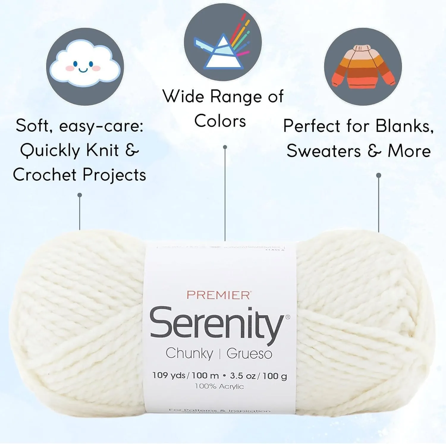 Premier Yarns Serenity Chunky Solid Pristine DN700-21 (3-Skeins - Same Dye Lot) Chunky Bulky #5 Acrylic Yarn for Crocheting and Knitting with Project Bag