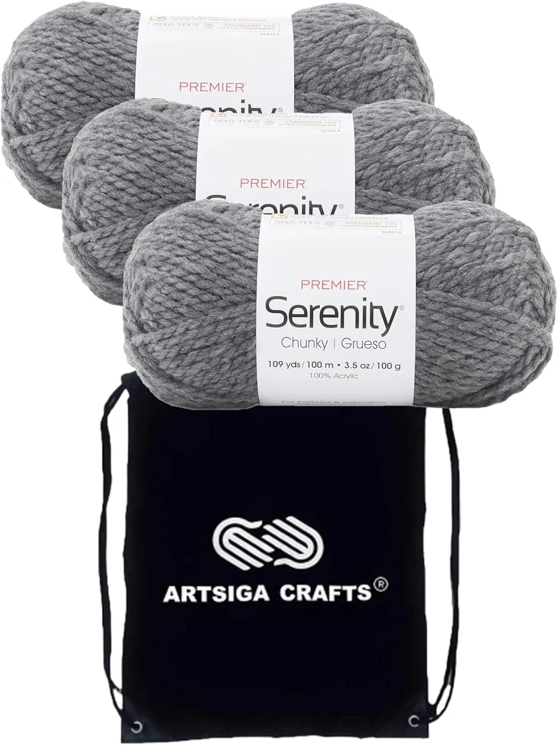 Premier Yarns Serenity Chunky Solid Smoke 700-41 (3-Skeins - Same Dye Lot) Chunky Bulky #5 Acrylic Yarn for Crocheting and Knitting with Project Bag