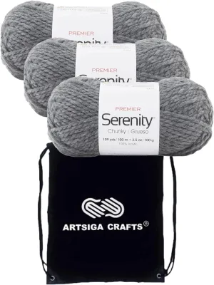 Premier Yarns Serenity Chunky Solid Smoke 700-41 (3-Skeins - Same Dye Lot) Chunky Bulky #5 Acrylic Yarn for Crocheting and Knitting with Project Bag