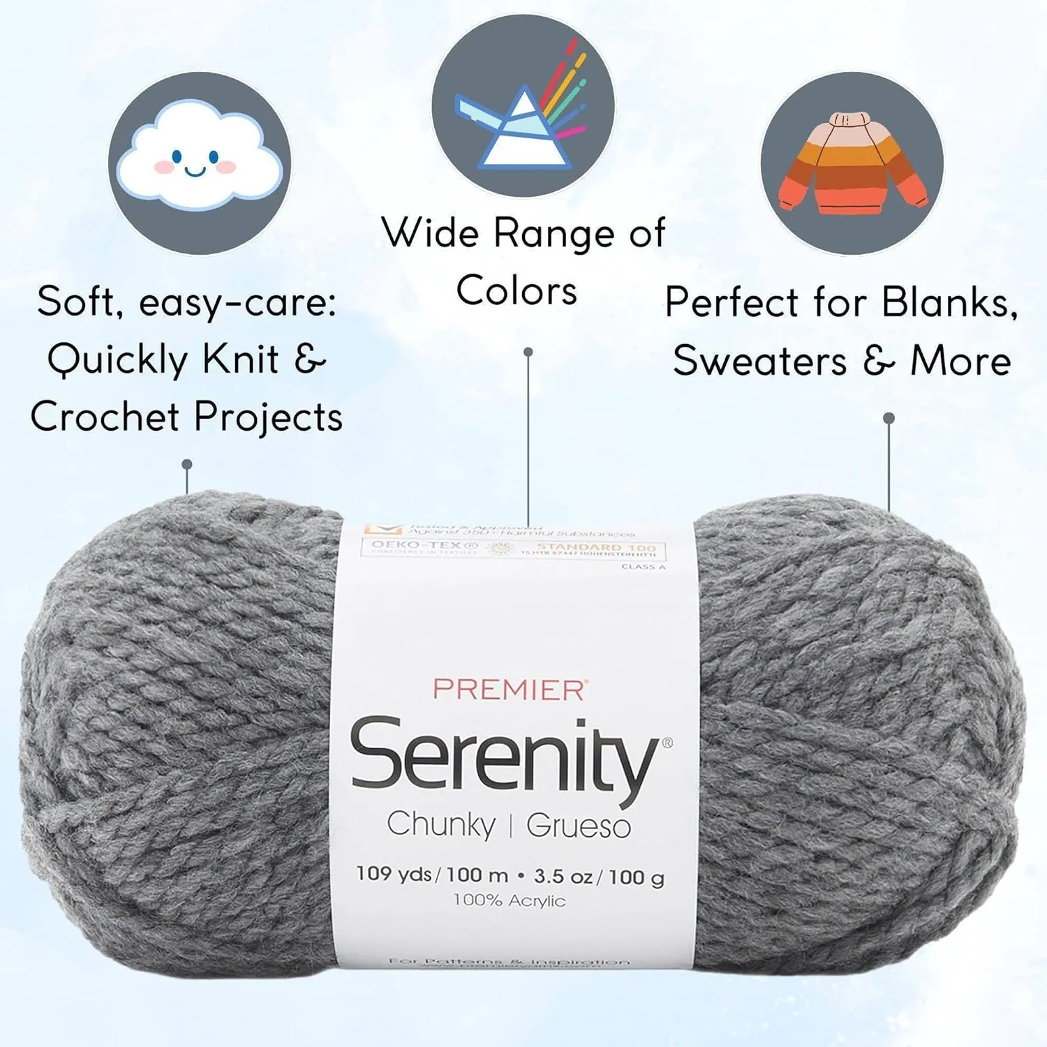 Premier Yarns Serenity Chunky Solid Smoke 700-41 (3-Skeins - Same Dye Lot) Chunky Bulky #5 Acrylic Yarn for Crocheting and Knitting with Project Bag