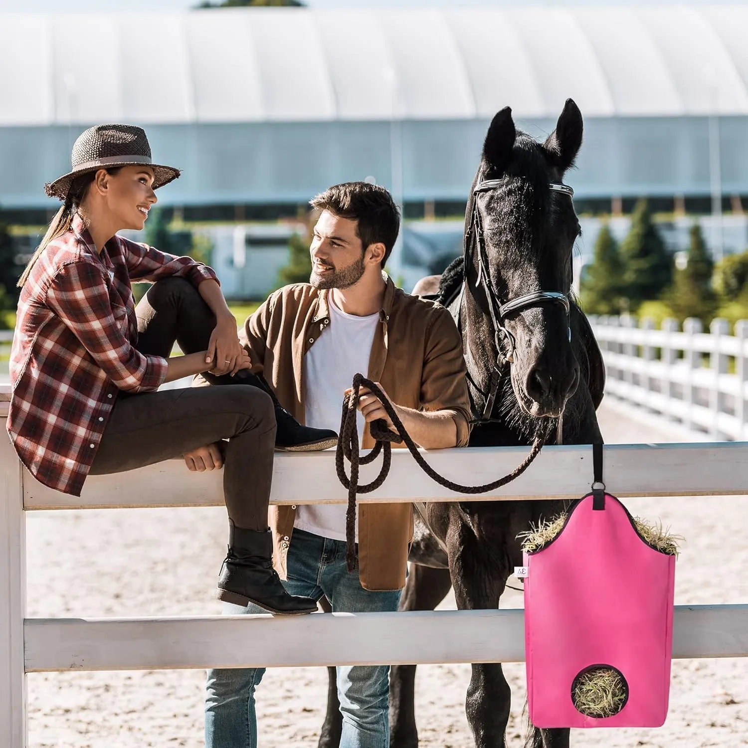 Premium Horse Slow Feed Hay Bag with Metal Snap Fastener and Heavy Adjustable Strap (Pink, 2-Pack)