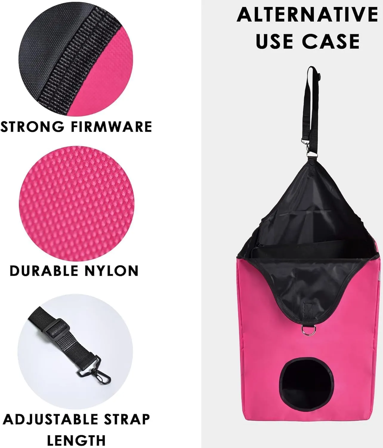 Premium Horse Slow Feed Hay Bag with Metal Snap Fastener and Heavy Adjustable Strap (Pink, 2-Pack)