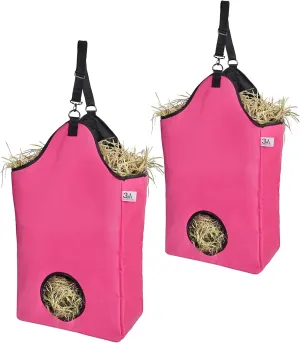 Premium Horse Slow Feed Hay Bag with Metal Snap Fastener and Heavy Adjustable Strap (Pink, 2-Pack)