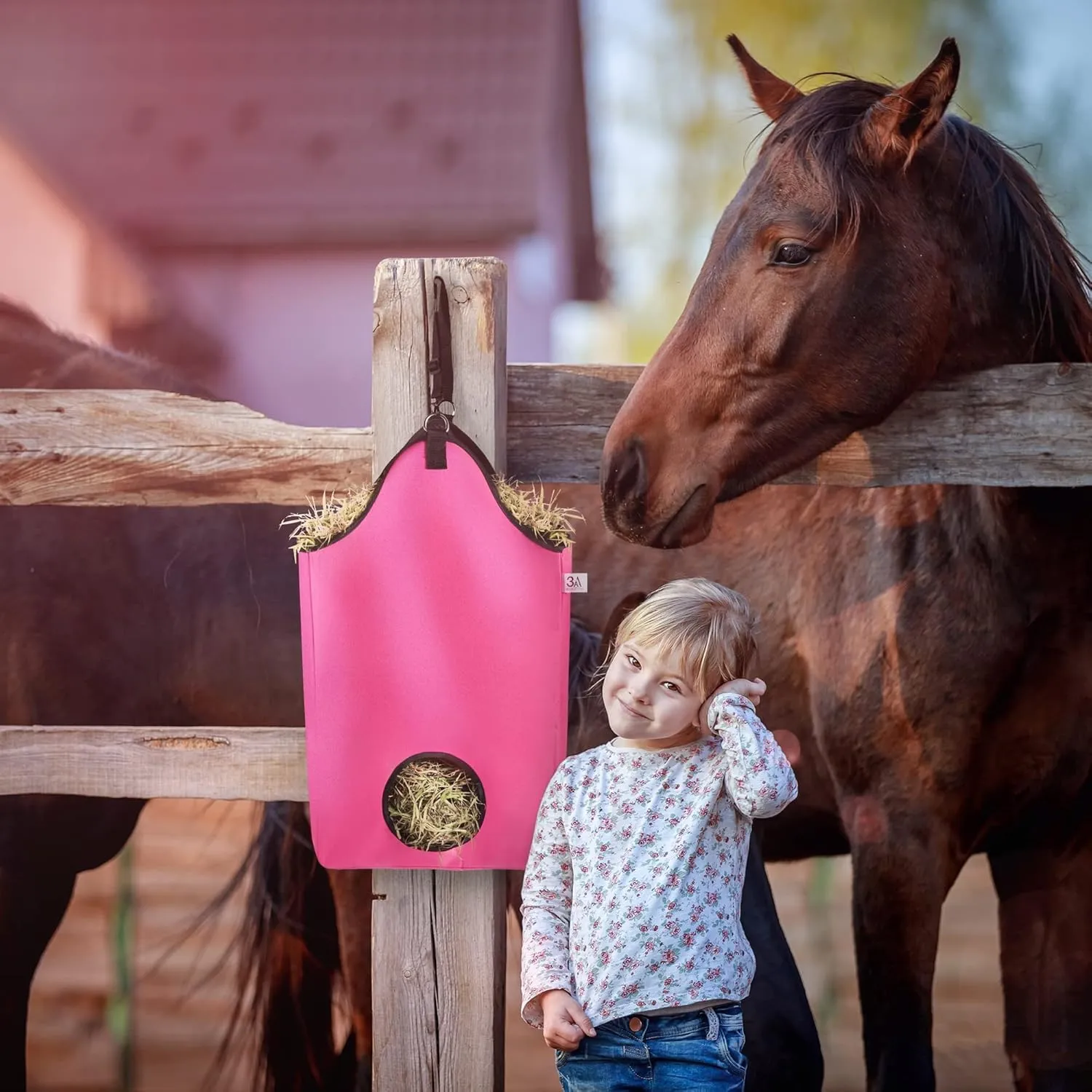 Premium Horse Slow Feed Hay Bag with Metal Snap Fastener and Heavy Adjustable Strap (Pink, 2-Pack)