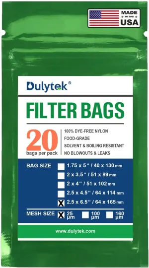 Premium Nylon 20 Pcs Filter Bags, 25 Micron, 2.5" x 6.5", Double-Stitching, Zero Blowouts, Made in the USA