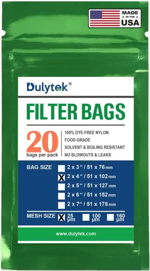 Premium Nylon 20 Pcs Filter Bags, 25 Micron, 2" x 4", Double-Stitching, Zero Blowouts, Made in the USA