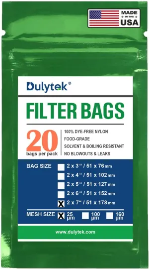 Premium Nylon 20 Pcs Filter Bags, 25 Micron, 2" x 7", Double-Stitching, Zero Blowouts, Made in the USA