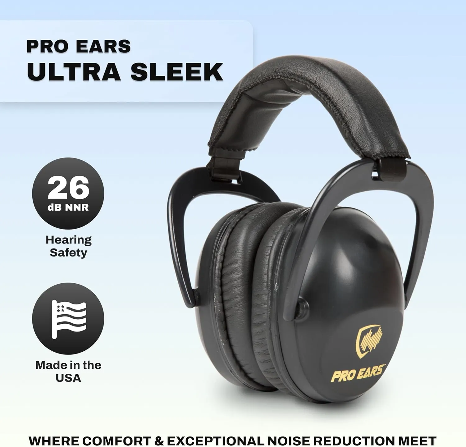 Pro Ears Ultra Sleek Passive Hearing Protection Ear Muffs for Long Use, Indoor and Outdoor Range, NRR 26, Adjustable & Padded