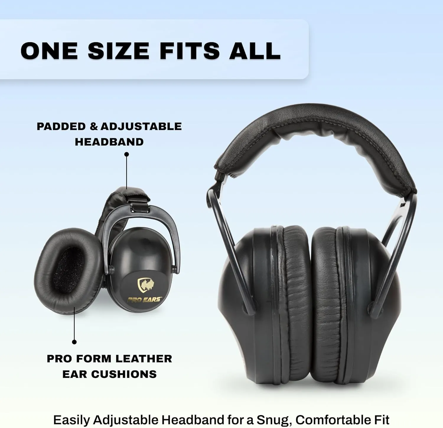 Pro Ears Ultra Sleek Passive Hearing Protection Ear Muffs for Long Use, Indoor and Outdoor Range, NRR 26, Adjustable & Padded