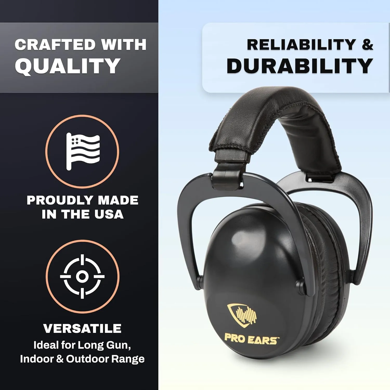 Pro Ears Ultra Sleek Passive Hearing Protection Ear Muffs for Long Use, Indoor and Outdoor Range, NRR 26, Adjustable & Padded