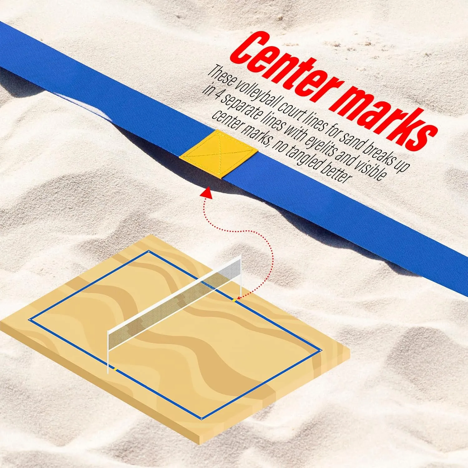 Professional Beach Volleyball Lines for Sand 26.3' X 52.6'| 30' X 60', 2 inch, Better Visible, Upgraded Weather Resistance, with Metal Anchors & Sand Bags