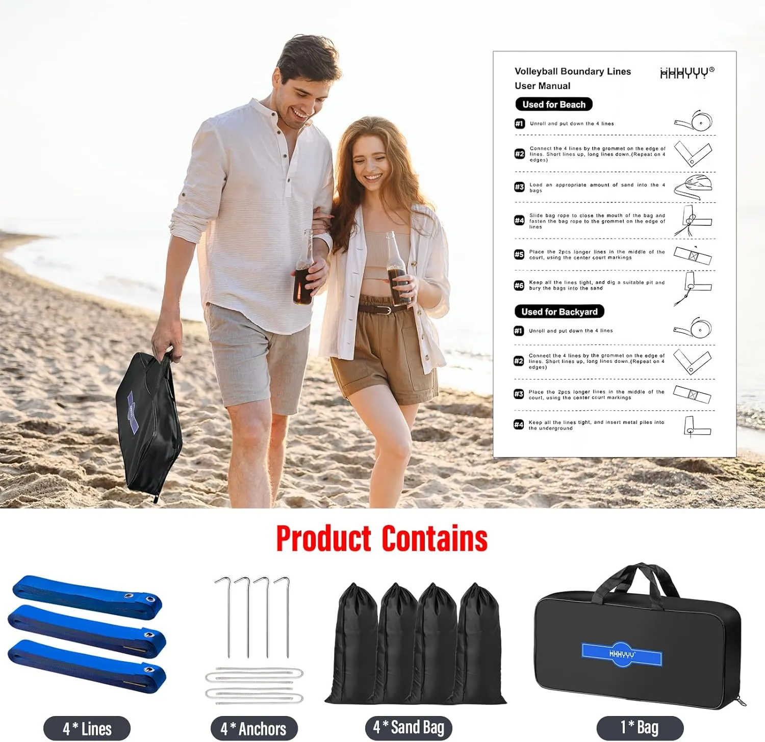 Professional Beach Volleyball Lines for Sand 26.3' X 52.6'| 30' X 60', 2 inch, Better Visible, Upgraded Weather Resistance, with Metal Anchors & Sand Bags
