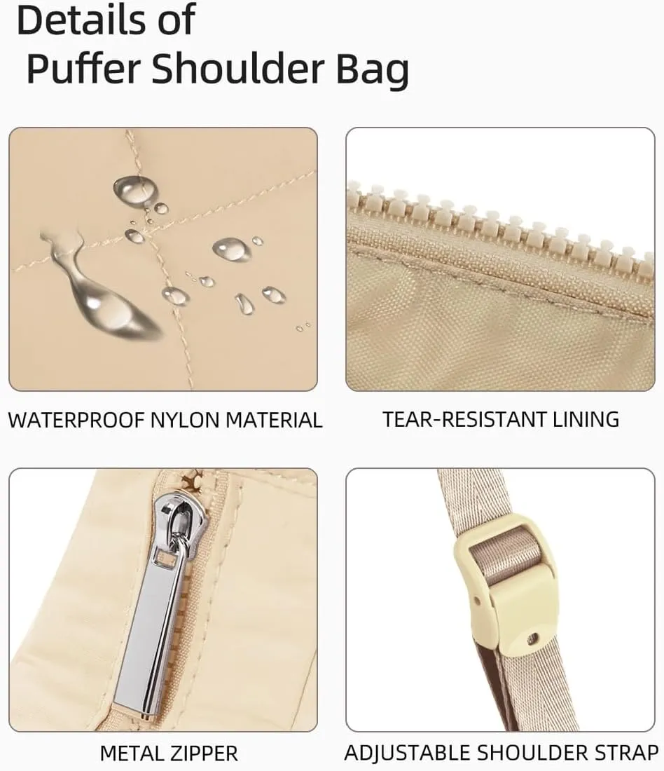 Puffer Crescent Shoulder Bag for Women, Nylon Quilted Bag, Underarm Handbag with Adjustable Shoulder Straps