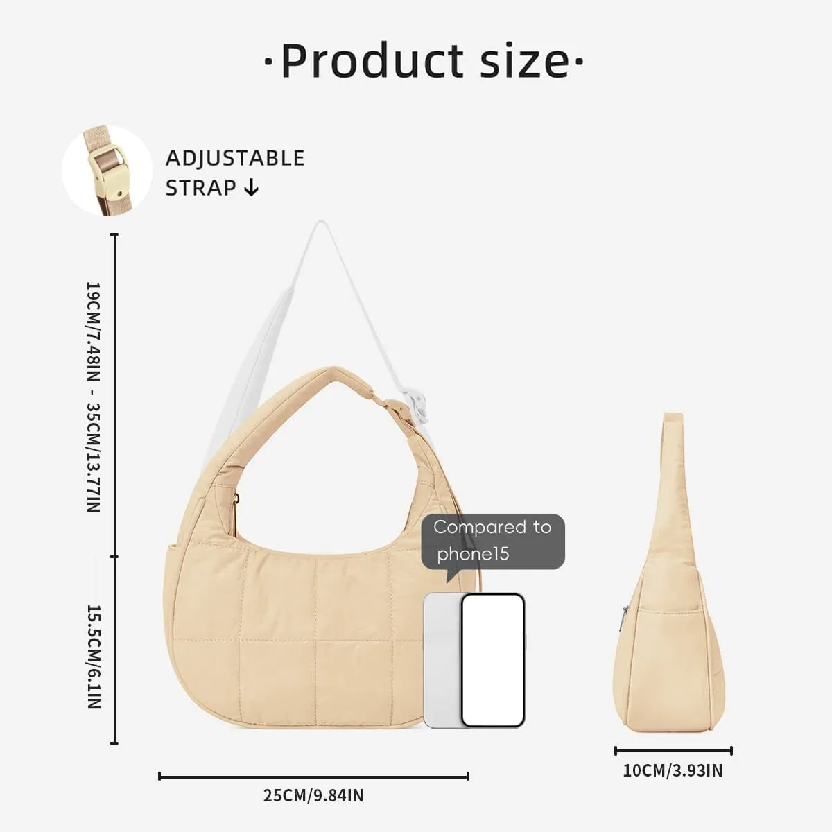 Puffer Crescent Shoulder Bag for Women, Nylon Quilted Bag, Underarm Handbag with Adjustable Shoulder Straps