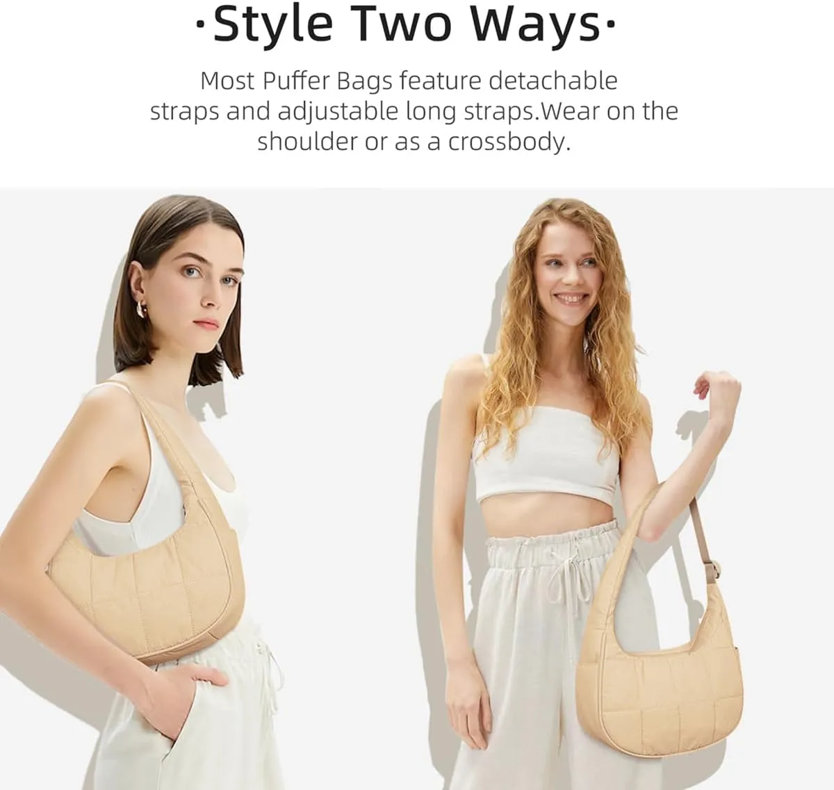 Puffer Crescent Shoulder Bag for Women, Nylon Quilted Bag, Underarm Handbag with Adjustable Shoulder Straps