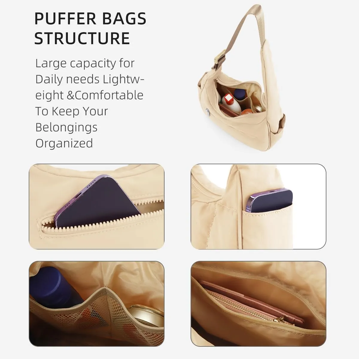 Puffer Crescent Shoulder Bag for Women, Nylon Quilted Bag, Underarm Handbag with Adjustable Shoulder Straps