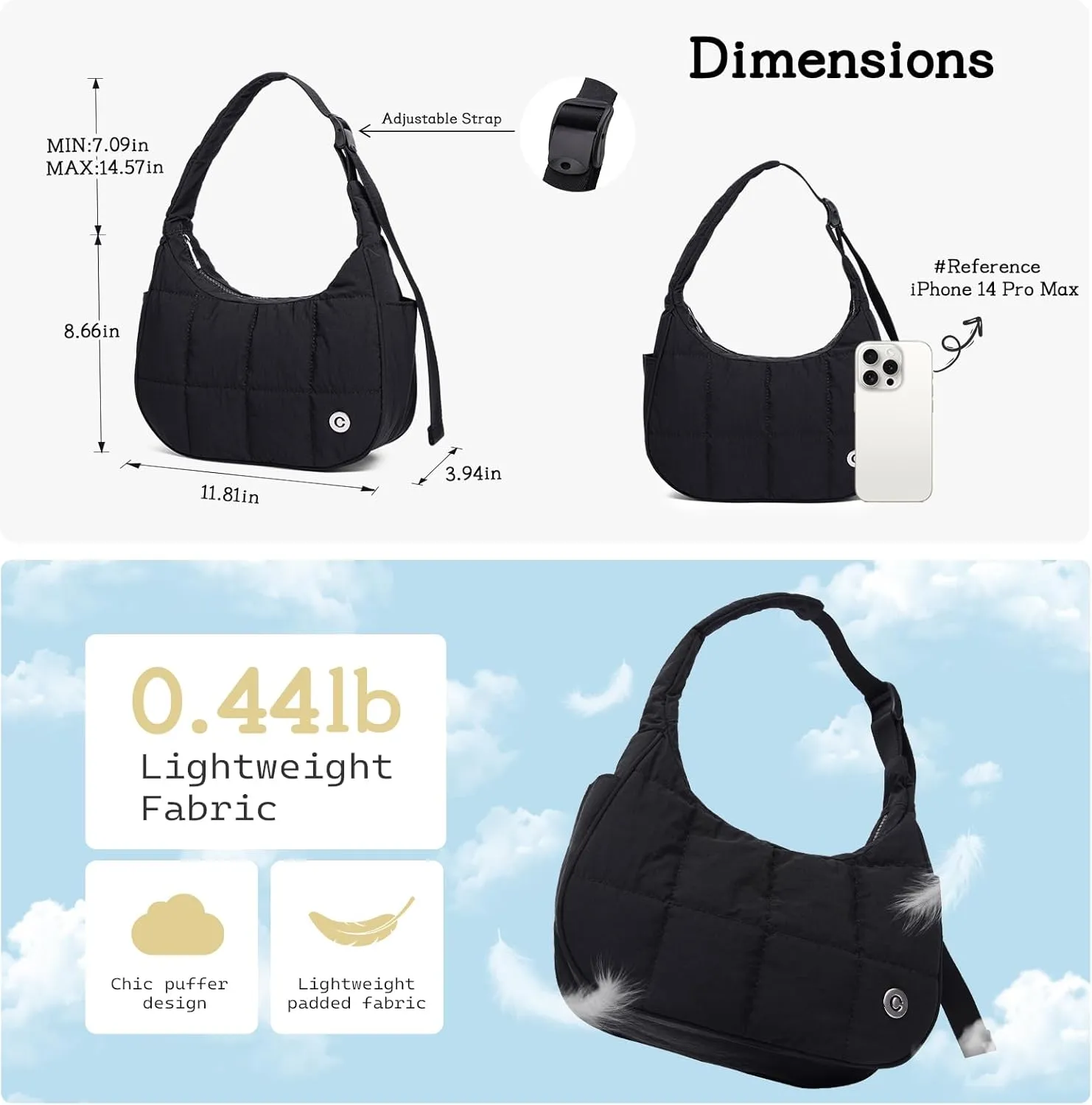 Puffer Shoulder Crescent Bag for Women Nylon Hobo Bags Purse for Women Small Quilted Bag with Adjustable Strap