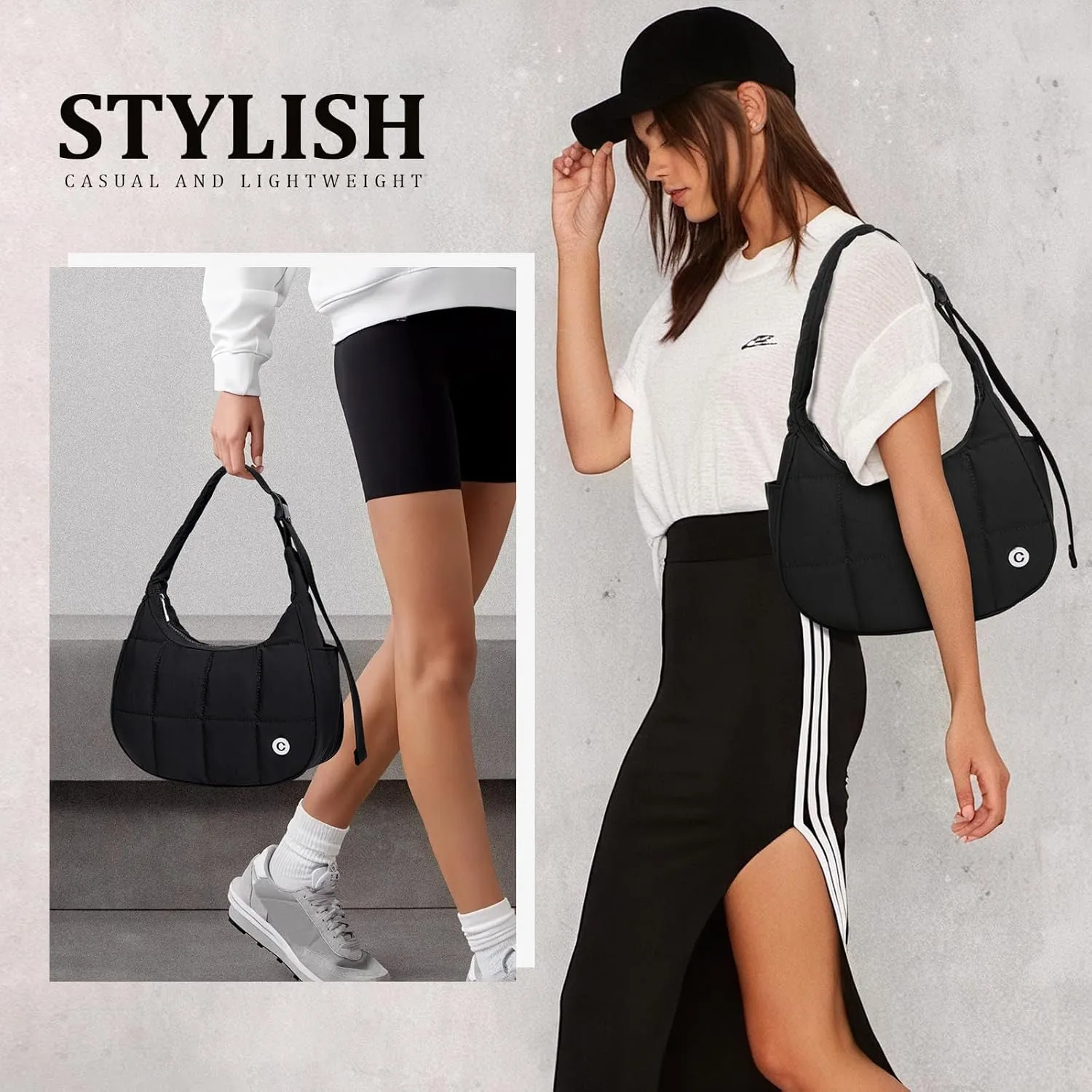 Puffer Shoulder Crescent Bag for Women Nylon Hobo Bags Purse for Women Small Quilted Bag with Adjustable Strap