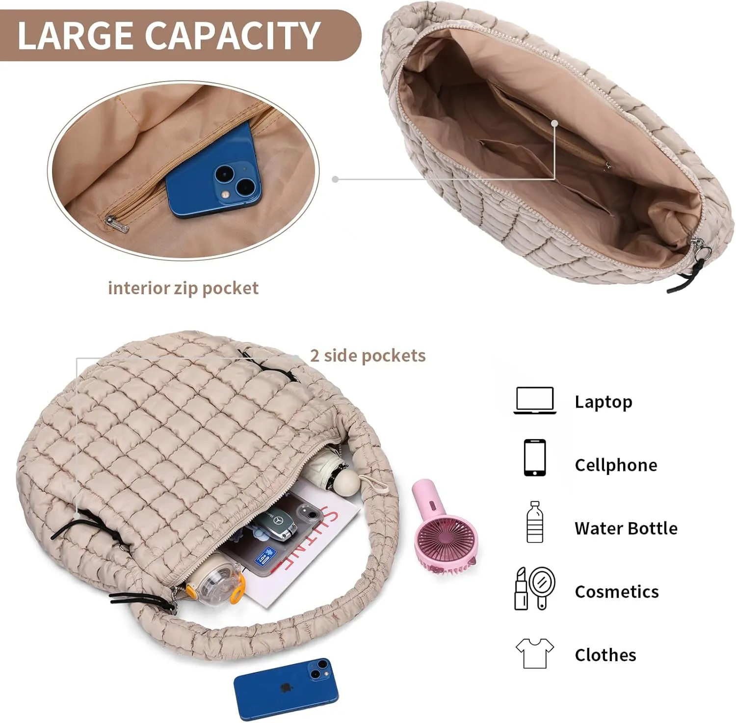 Puffer Tote Bag for Women Large Quilted Carryall Bag Soft Puffy Crossbody Lightweight Shoulder Handbags Work Travel