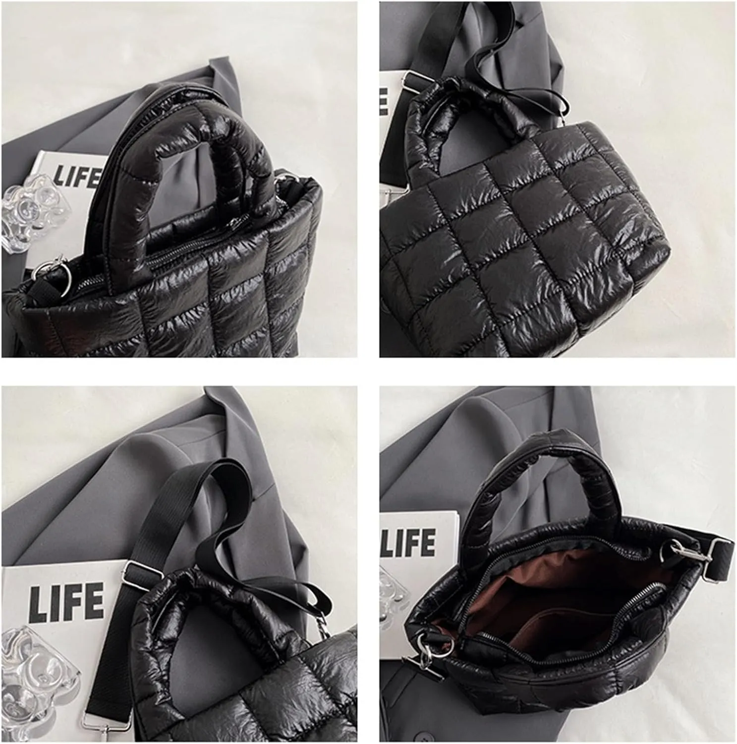 Puffer Tote Bag with Pendant Quilted Shoulder Bags for Women Lightweight Handbag Puffy Cross Body Bags