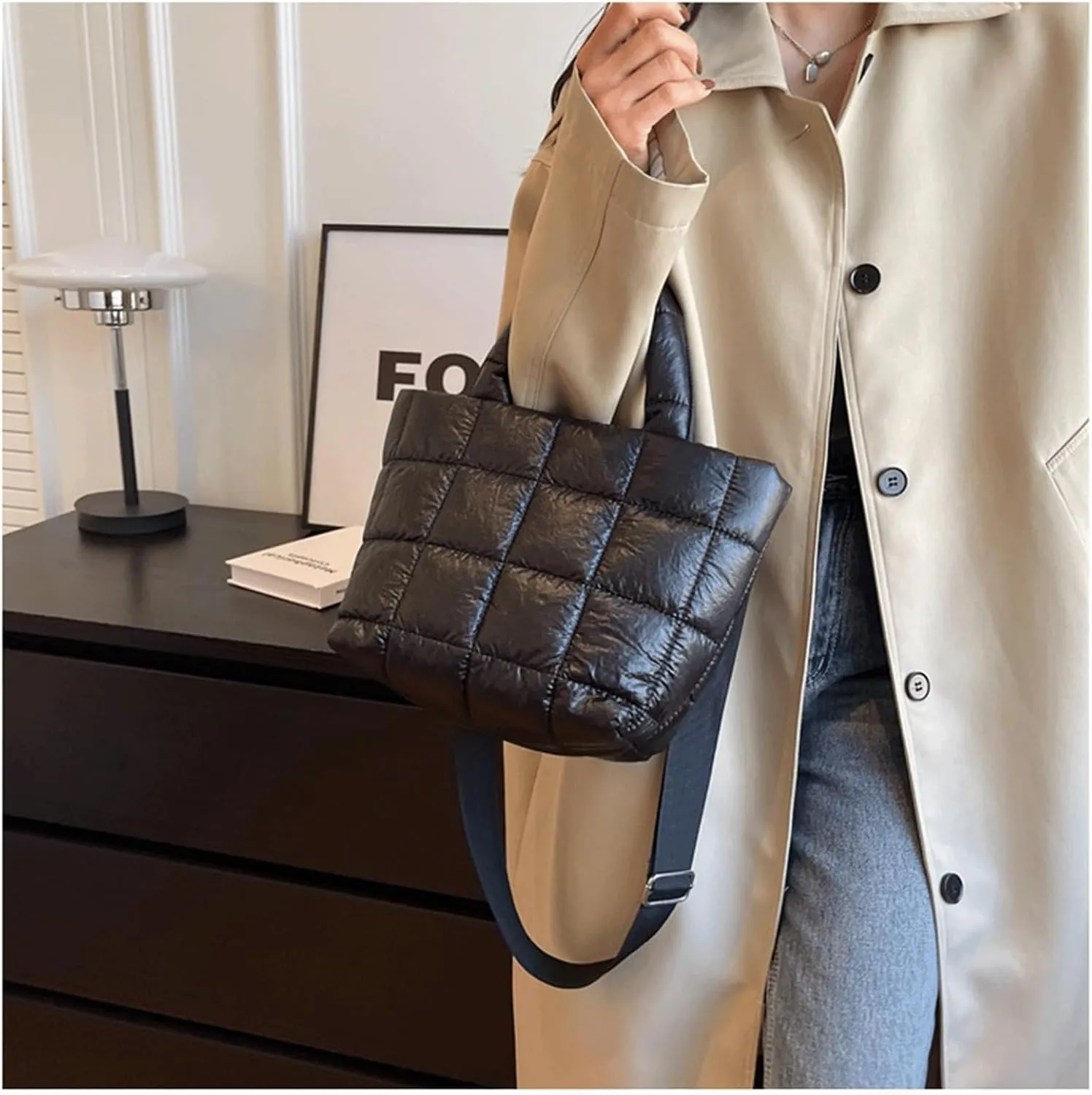 Puffer Tote Bag with Pendant Quilted Shoulder Bags for Women Lightweight Handbag Puffy Cross Body Bags
