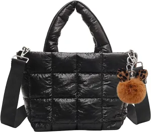 Puffer Tote Bag with Pendant Quilted Shoulder Bags for Women Lightweight Handbag Puffy Cross Body Bags