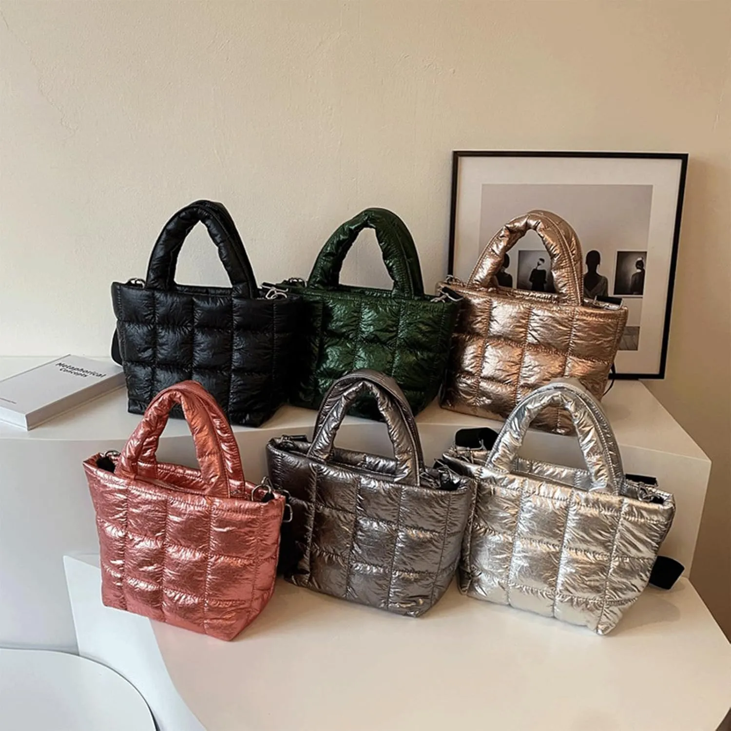 Puffer Tote Bag with Pendant Quilted Shoulder Bags for Women Lightweight Handbag Puffy Cross Body Bags