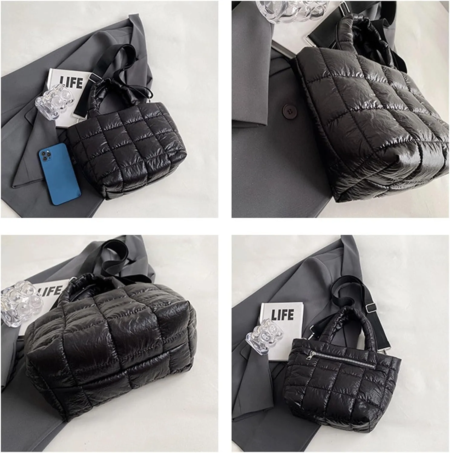 Puffer Tote Bag with Pendant Quilted Shoulder Bags for Women Lightweight Handbag Puffy Cross Body Bags