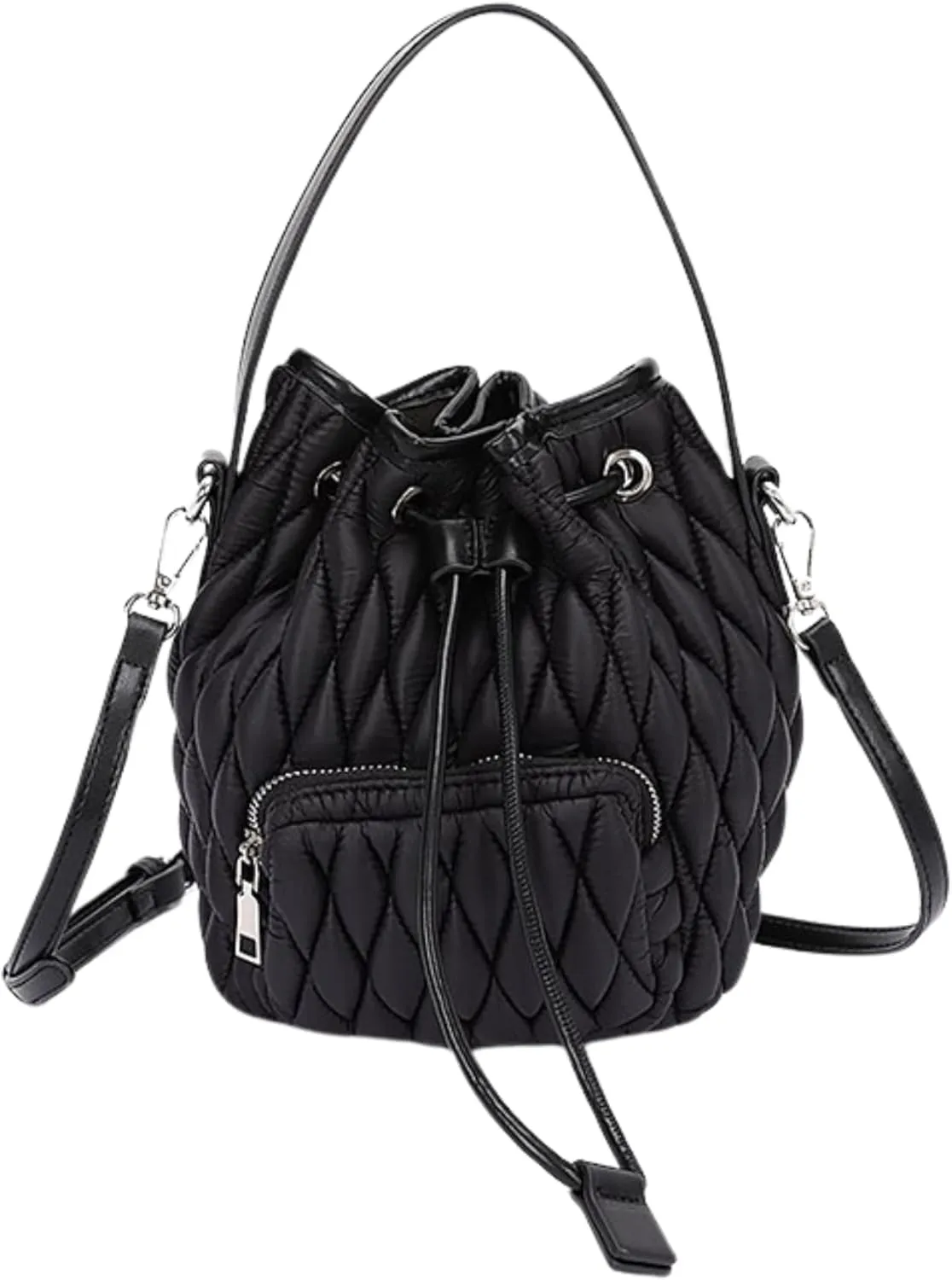 Puffy Padded Bucket Bag for Women Quilted Nylon Drawstring Handbag Lightweight Casual Purse Tote Bags (Black, Small)