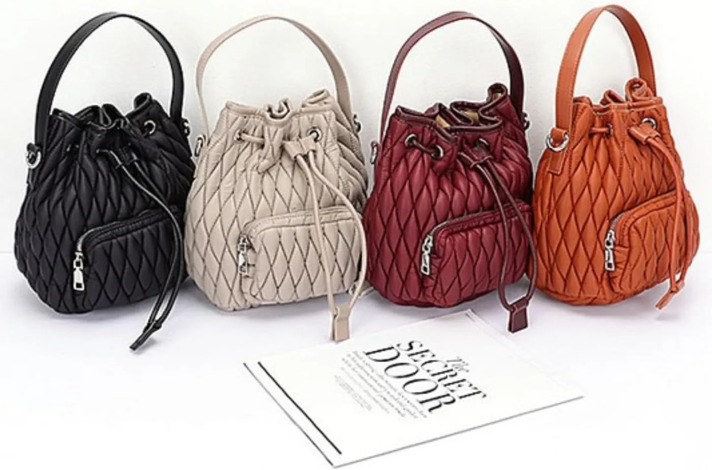 Puffy Padded Bucket Bag for Women Quilted Nylon Drawstring Handbag Lightweight Casual Purse Tote Bags (Black, Small)