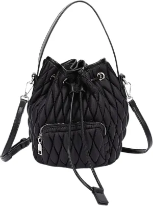 Puffy Padded Bucket Bag for Women Quilted Nylon Drawstring Handbag Lightweight Casual Purse Tote Bags (Black, Small)